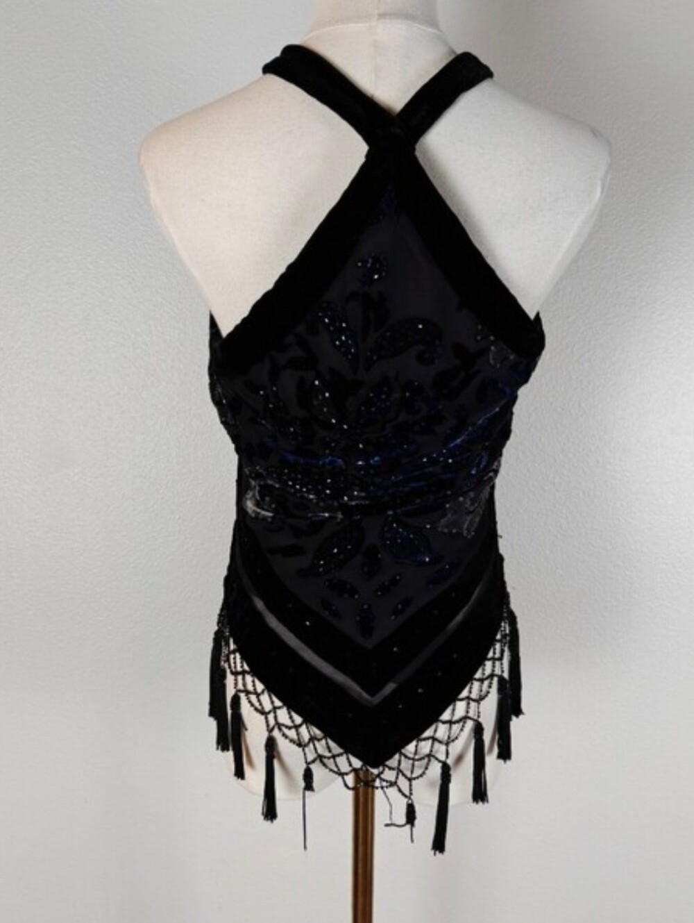 Y2K Black Silk Velvet Beaded Fairygoth Halter Top - Picture 7 of 7
